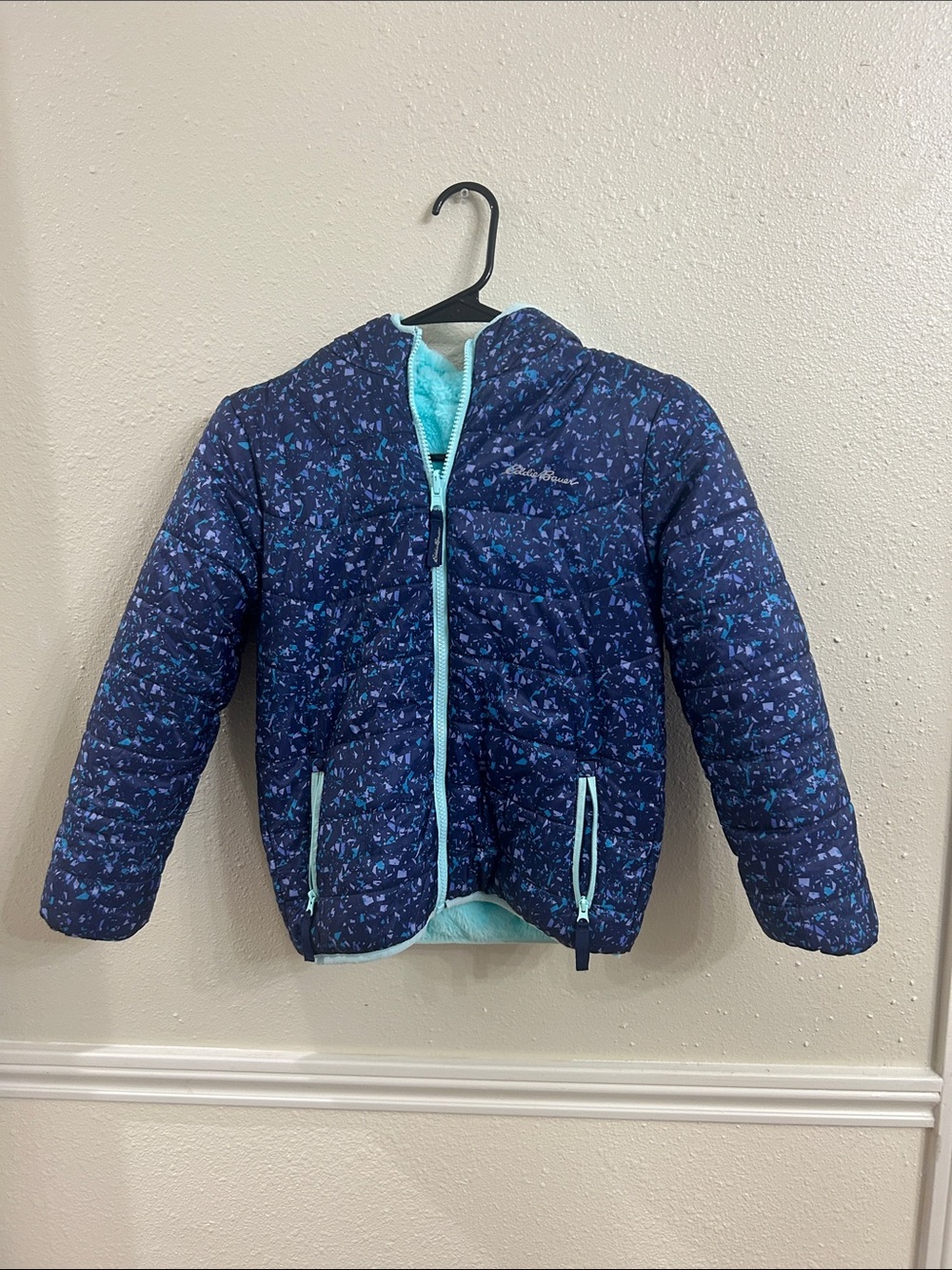 Eddie Bauer reversible kids Navy Blue Printed Puffer Jacket with faux fur inside